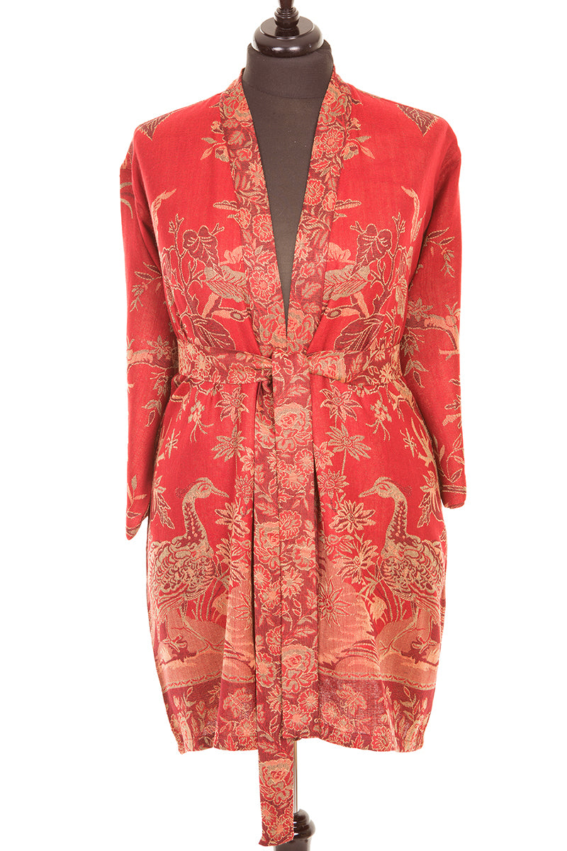 Short cashmere dressing gown in red. Floral short bathrobe for women. 