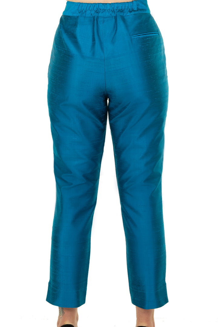 Straight leg blue trousers. 