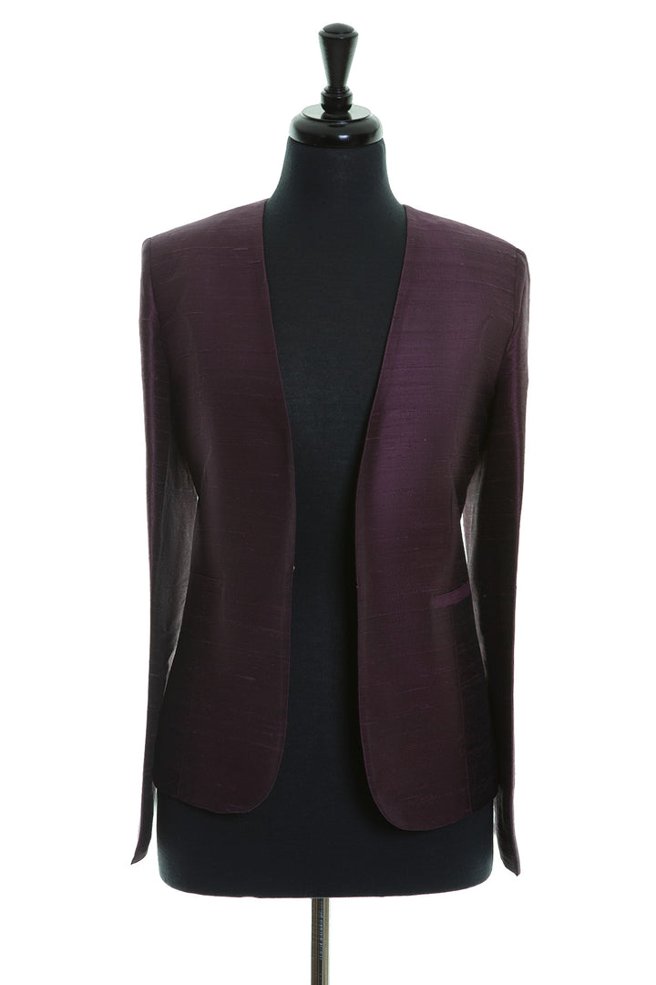 aubergine purple raw silk fitted jacket for women, collarless blazer, mother of the bride outfit, wedding guest jacket