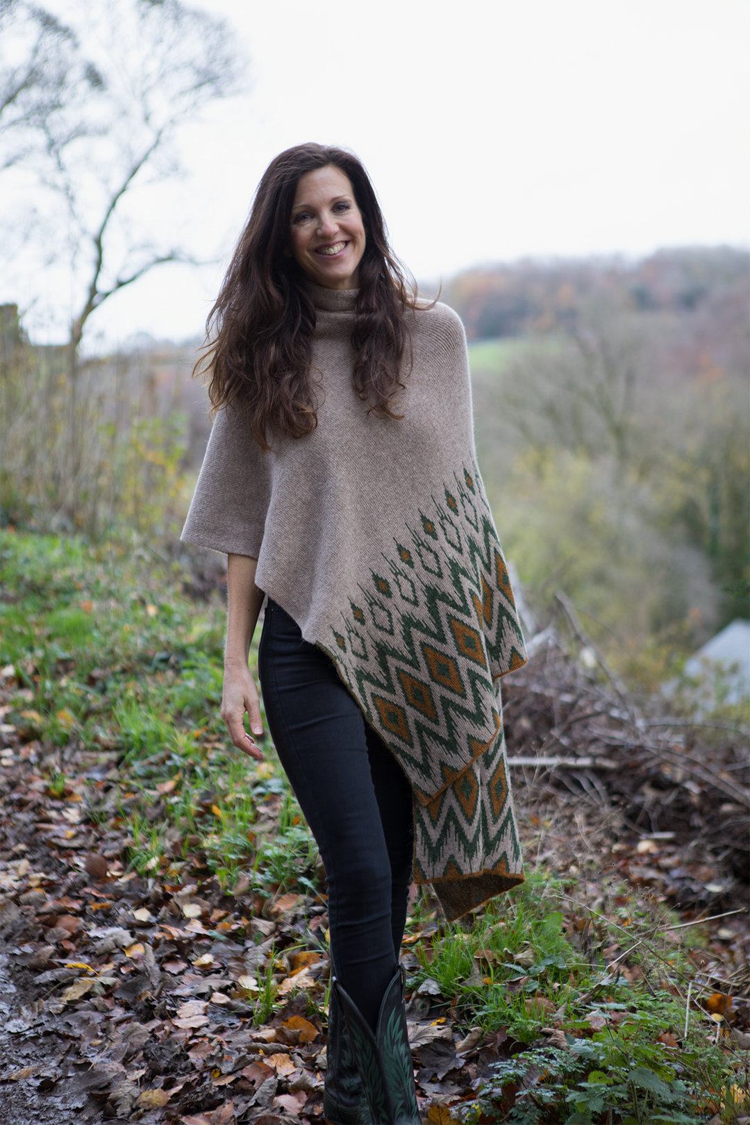 Lady wearing brown wool alpaca scarf on her walk. 