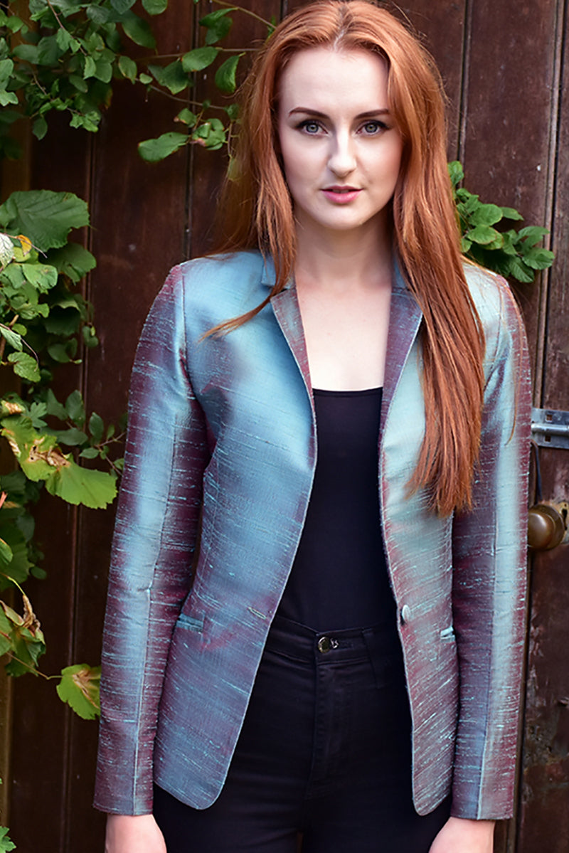 Blue open jacket for women. Raw silk jacket worn with jeans. 