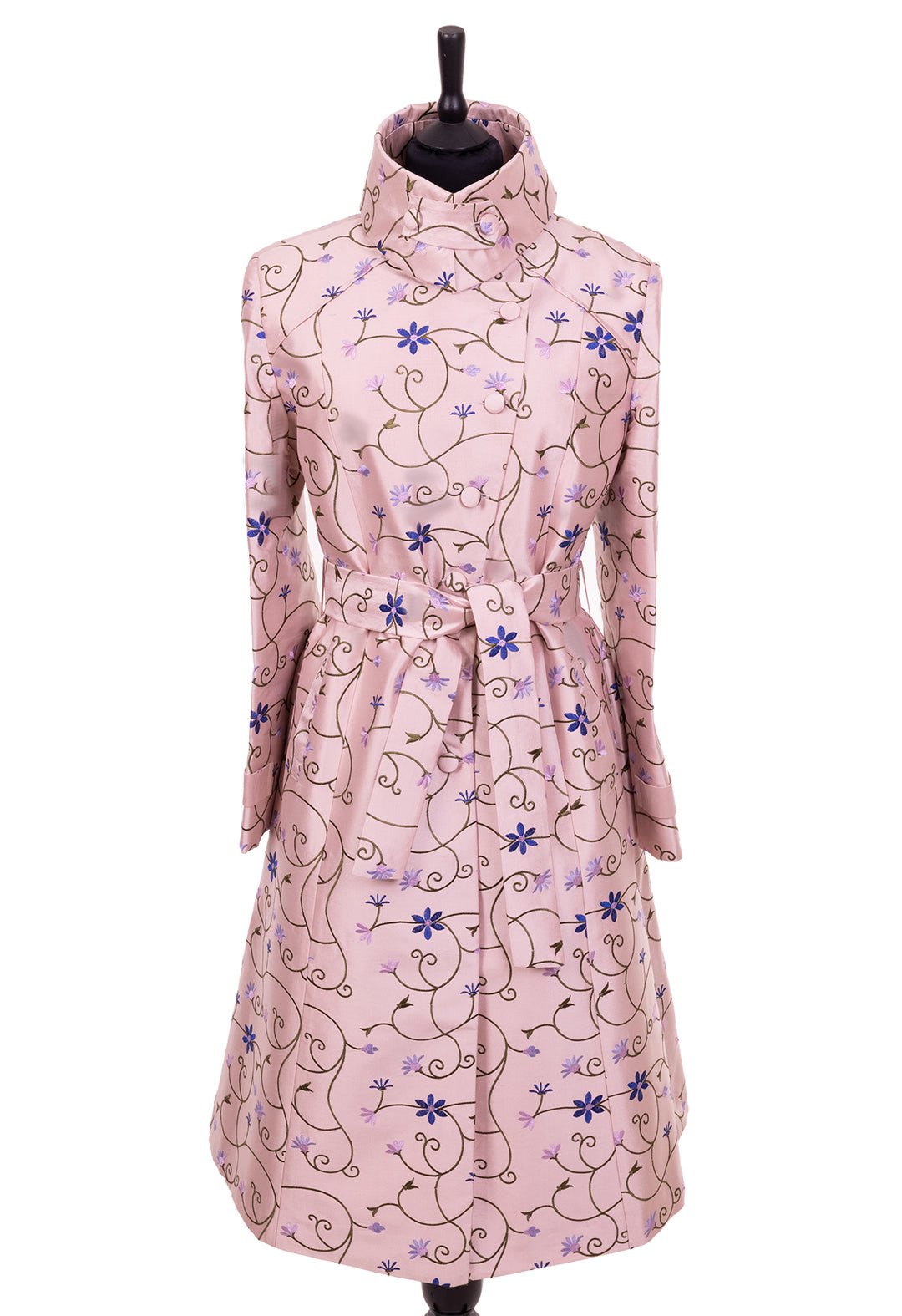 Shibumi Silk Trench Coat in Peone. Pink trench coat with blue floral pattern. 