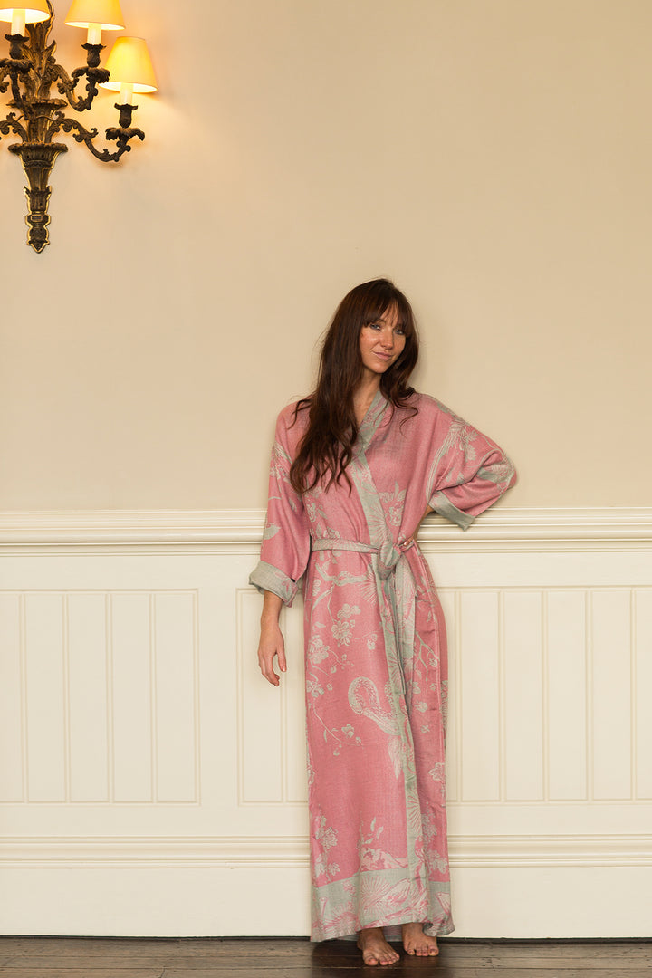 Womens cashmere silk blend dressing gown with a gown belt in a light pink cashmere fabric with a Tree of Life pattern in pale aqua