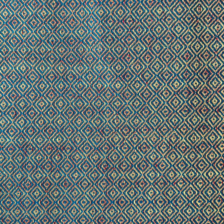 Geometric fabric in blue. 