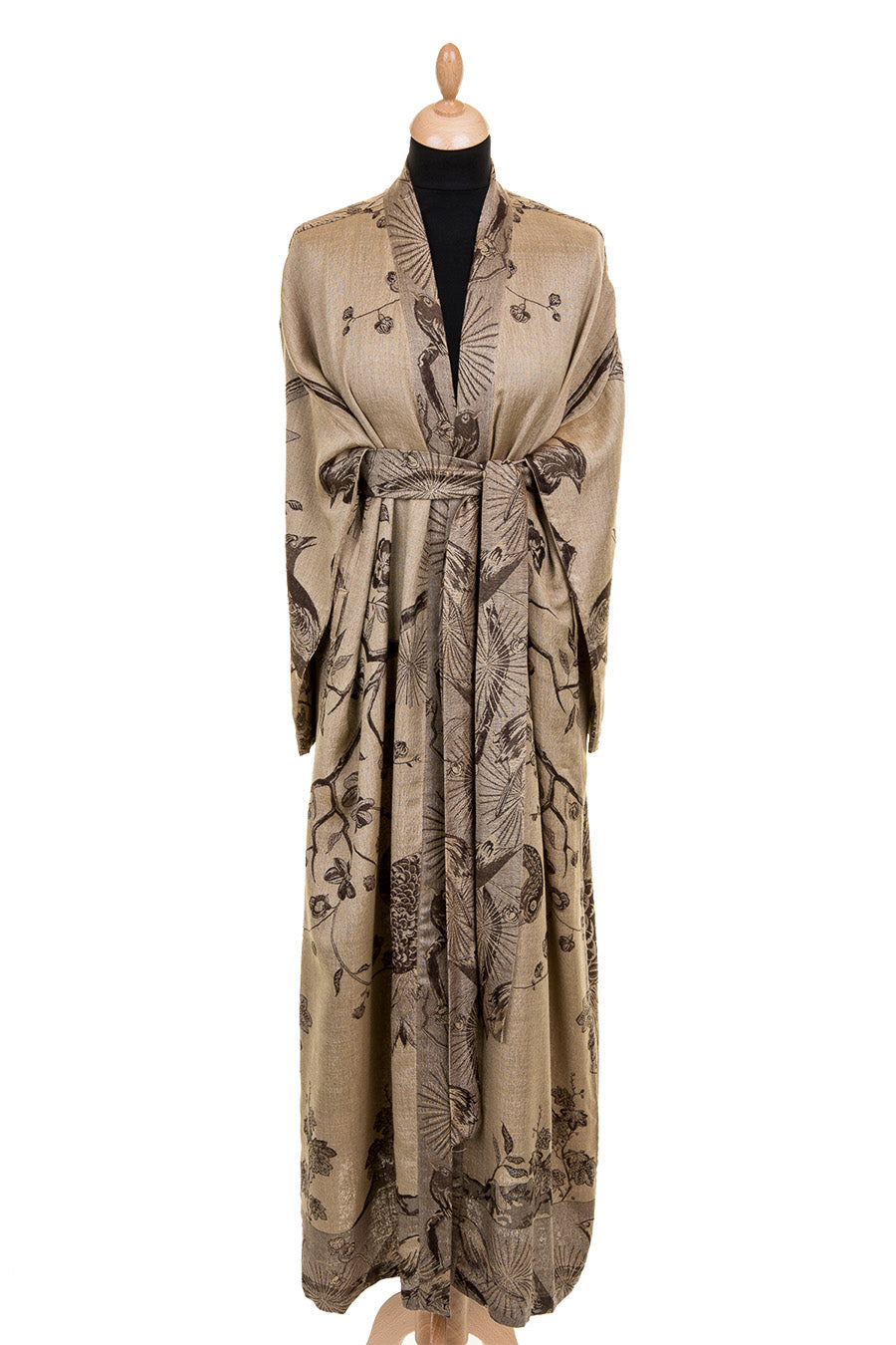 Cashmere dressing gown in chocolate and cream colour. Floral gown with a belt. Dinner party at home outfit. 