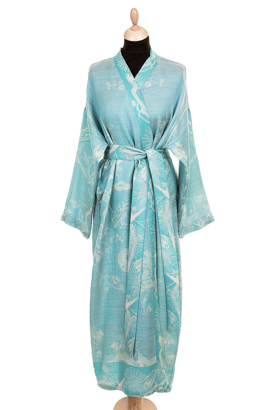 Kimono style dressing gown with a belt. Blue and white pattern. Elegant and luxurious dressing gown. 