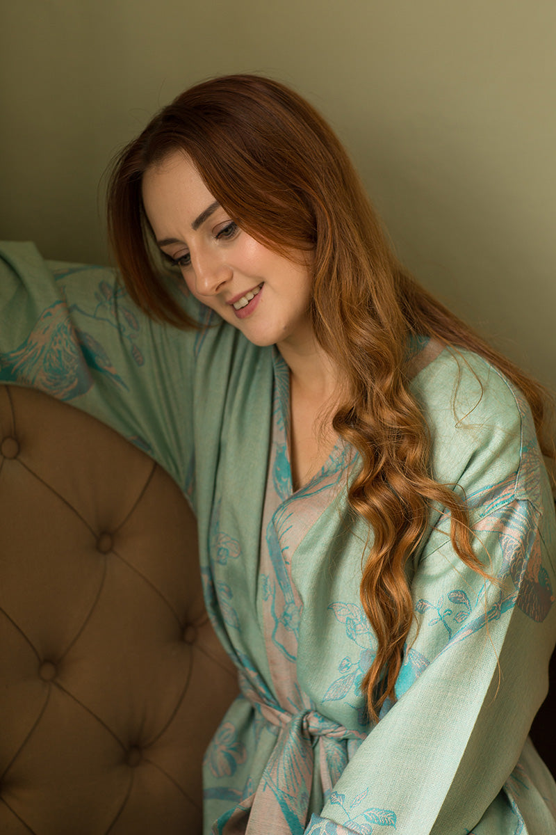 Green cashmere dressing gown for her.  Blue flower details. Belted and long gown for women. 