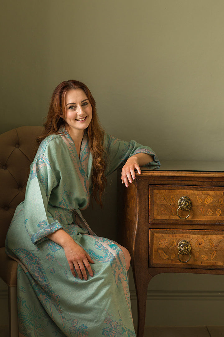 Morning bride dressing gown in green and blue with beautiful floral and birds motifs. Amazing gift for her. 