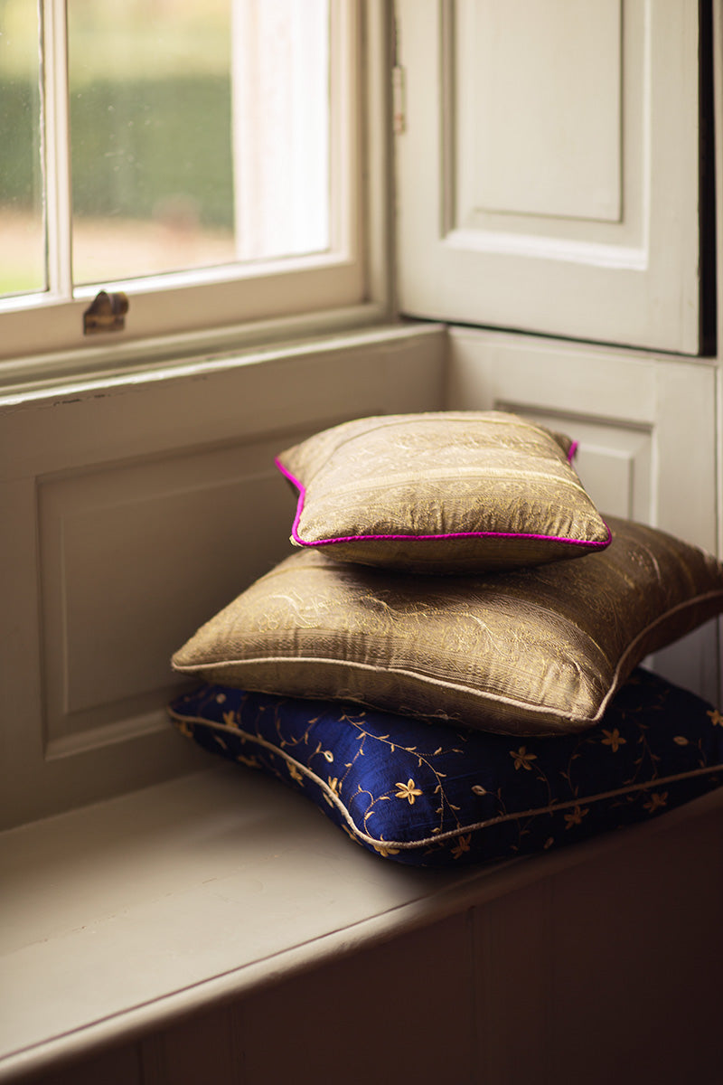 Blue and Gold Shibumi embroidered silk cushions. 