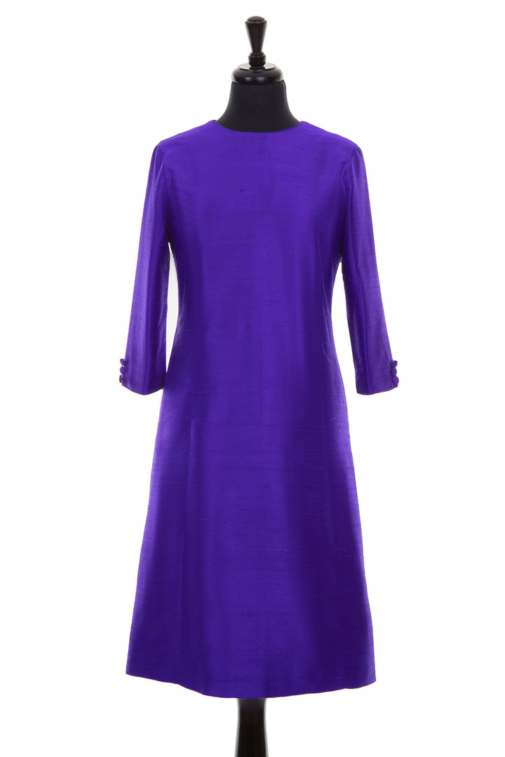 bright violet purple raw silk shift dress, a-line plus size wedding outfit, ladies outfit ideas for royal ascot, plus size silk shift dress