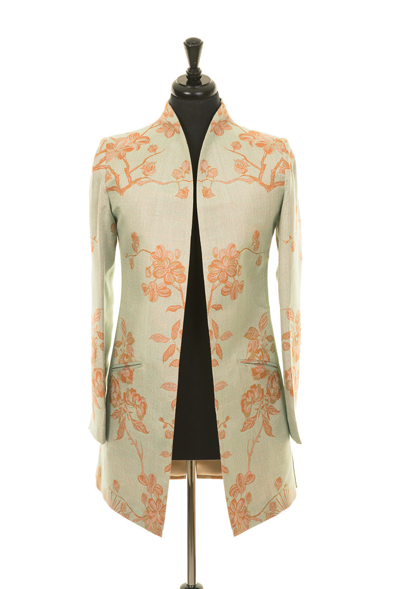 longline jacket for women, wedding outfit with trousers, plus size jacket for wedding, pale green floral jacket