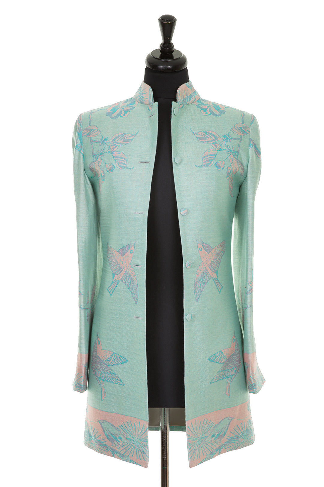 Light blue elegant ladies jacket. Mother of the bride jacket with floral pattern. 