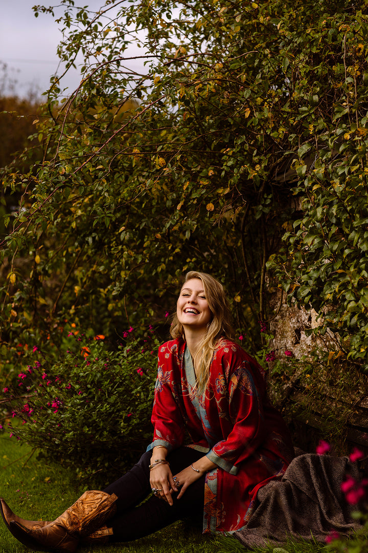 Luxury kimono jacket in red. Women's floral kimono jacket. 