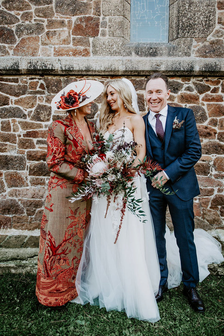 Mother of the bride outfit. Long striking coat in brown with red tree of life motif. Unique outfit. 