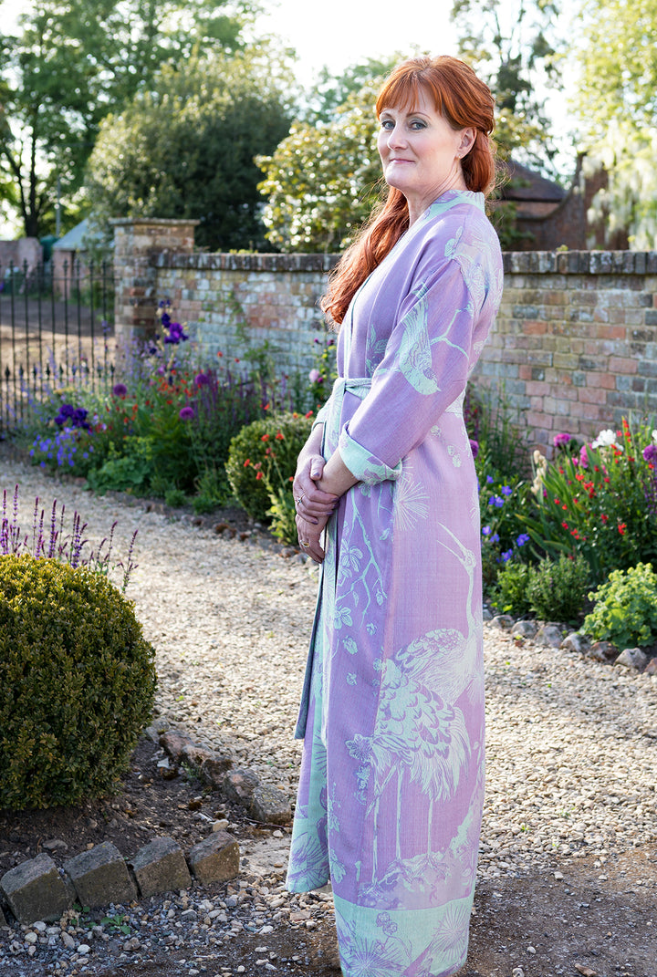 Maxi dressing gown for morning bride. Luxury cashmere gown in lilac with light green flowers and big birds motif on the back. 