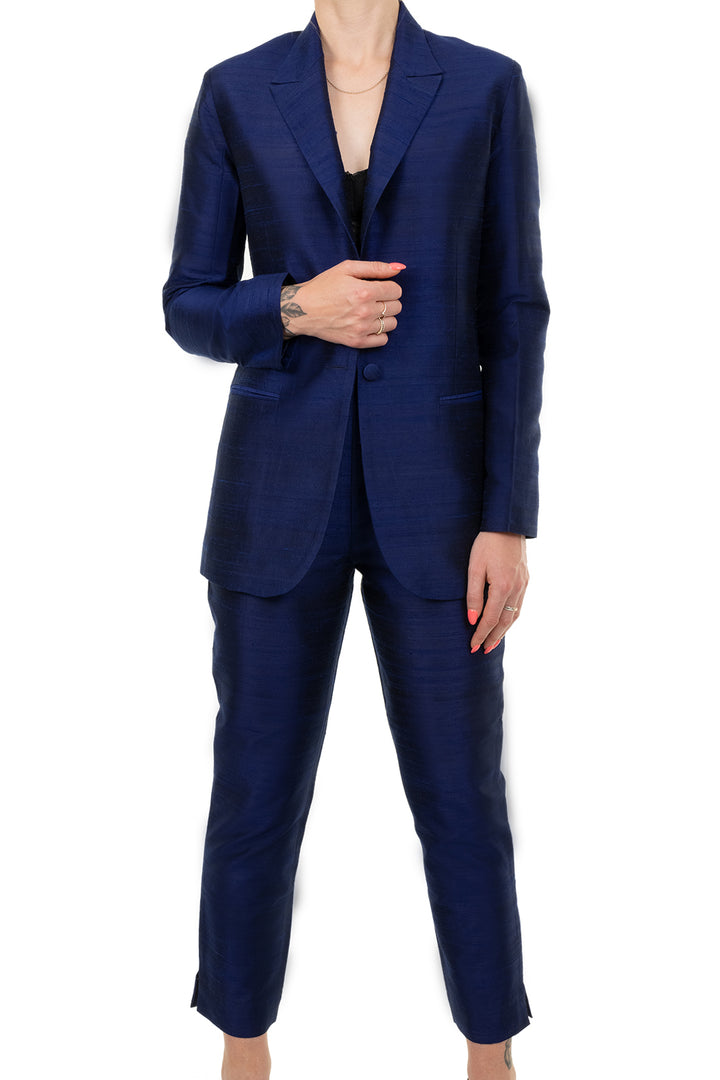 Shibumi Women's Silk Cigarette Trousers in Midnight Blue Paired with Women's Silk Classic Blazer in Midnight Blue