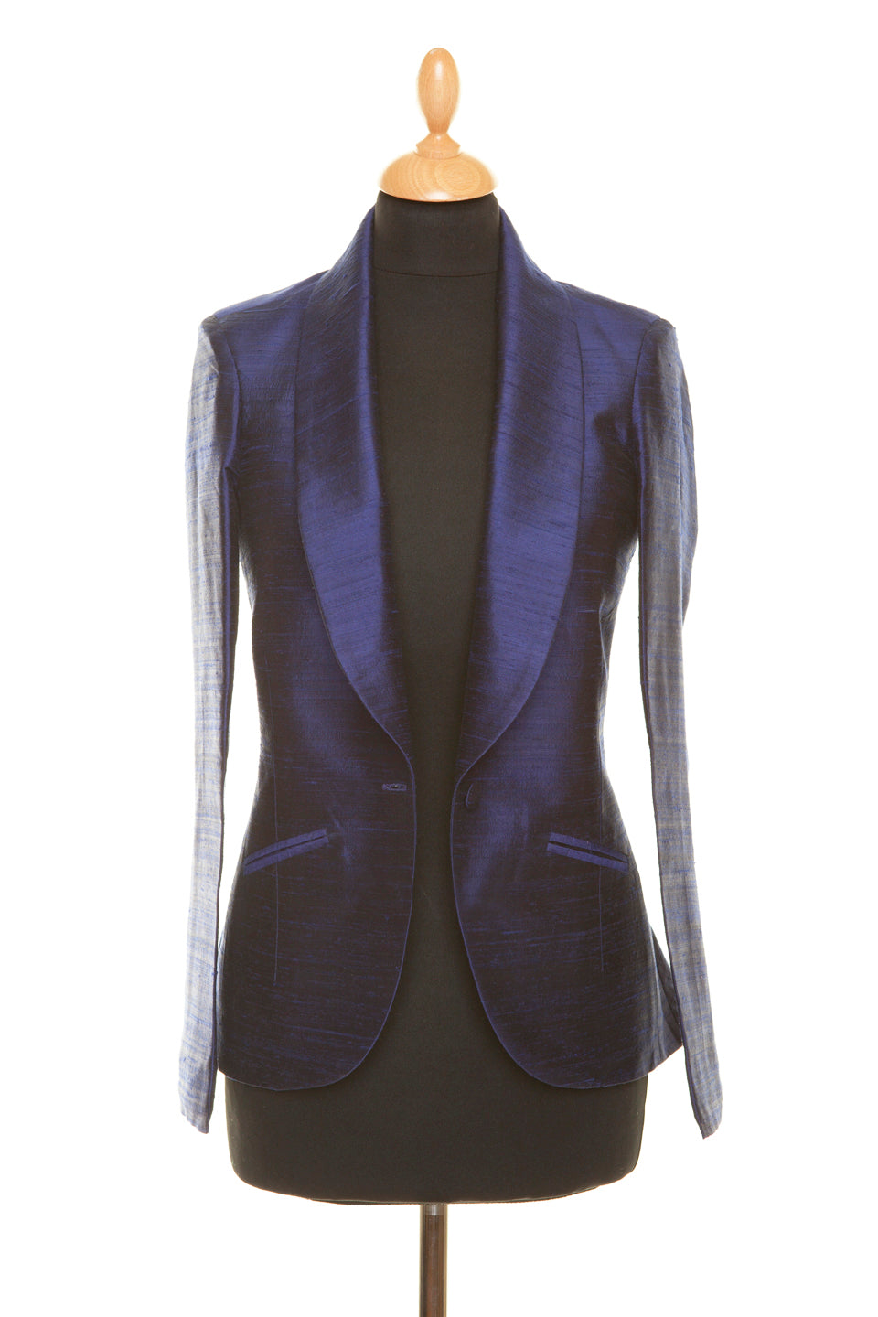 Dark blue jacket with open collar. 