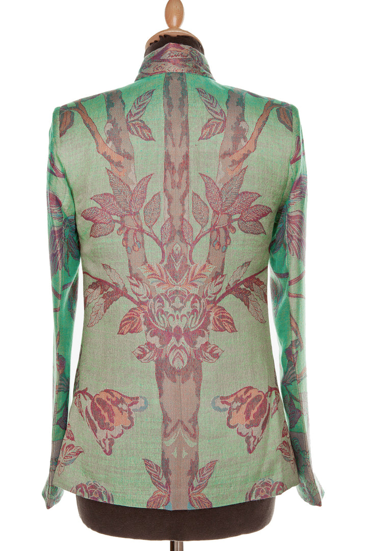 tree of life design on the back of green cashmere jacket. Handmade fine jacket. 