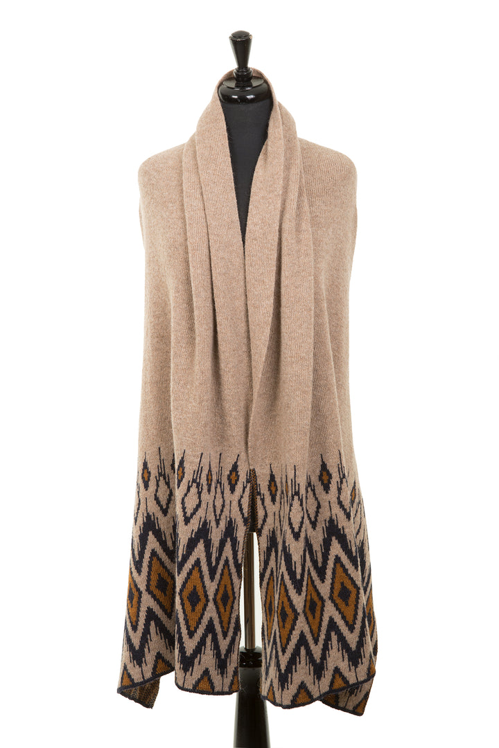 Natural colour wool scarf with aztec design. 